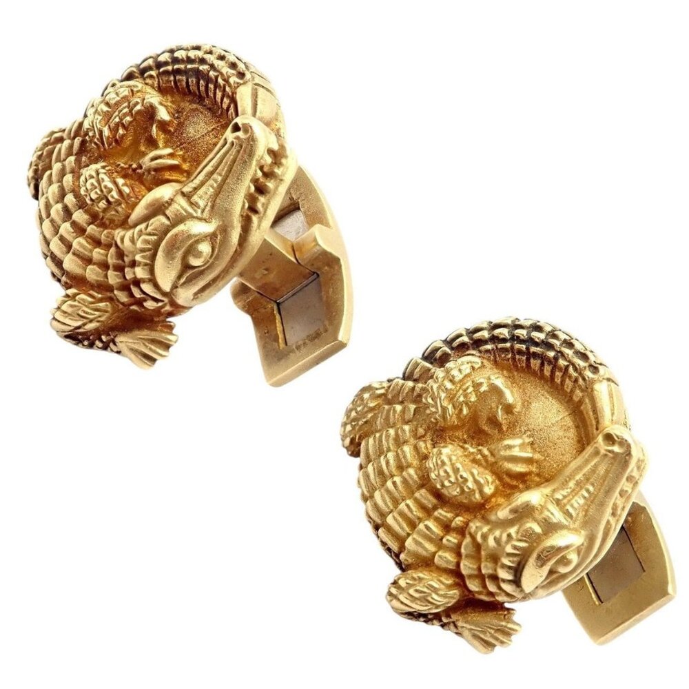 Rare! Vintage Kieselstein Cord 18k Yellow Gold Coiled Alligator Cufflinks 1980